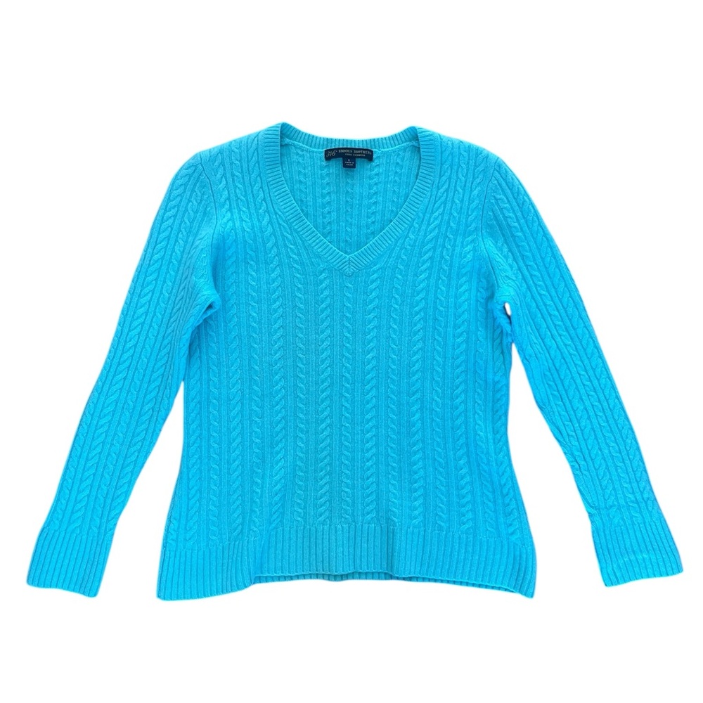Brooks Brothers 346 Pure Cashmere Fisherman Cable Knit Vibrant Cyan Sweater